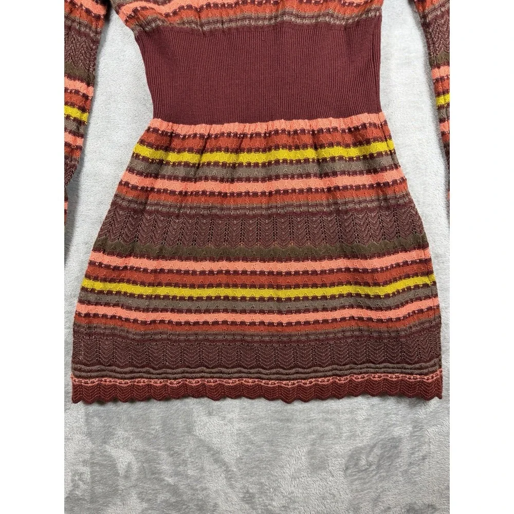 Free People Women's Boho Knit Sweater Tunic Burgundy Striped Long Sleeve Size L